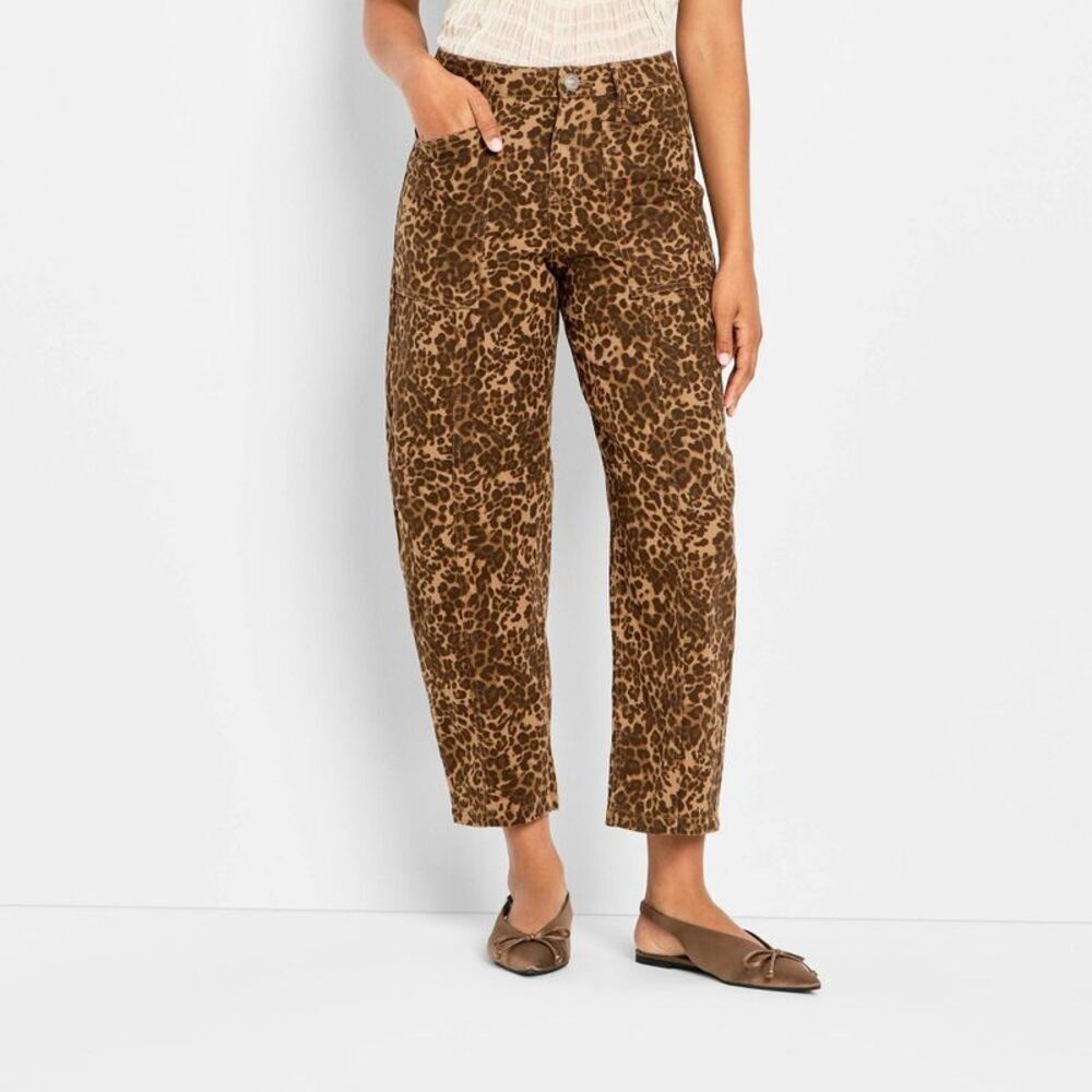 Women's Mid-Rise Barrel Leg Jeans - Future Collective Brown Leopard Print 2